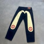 Evisu Pant with White Daicock and Two Flowers on It